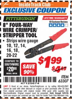 Harbor Freight ITC Coupon 8" FOUR-WAY WIRE CRIMPER/STRIPPER TOOL Lot No. 63307 Expired: 5/31/19 - $1.99