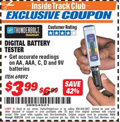 Harbor Freight ITC Coupon DIGITAL BATTERY TESTER Lot No. 69892 Expired: 10/31/18 - $3.99