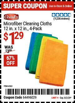 Harbor Freight Coupon GRANT'S MICROFIBER CLEANING CLOTHS 12 IN. X 12 IN., 4-PACK Lot No. 63363/63358/63925 Expired: 8/2/26 - $1.29