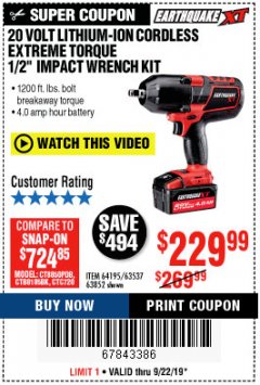 Harbor Freight Coupon 20 VOLT LITHIUM CORDLESS 3/4" EXTREME TORQUE IMPACT WRENCH KIT Lot No. 64350 Expired: 9/22/19 - $229.99