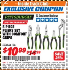 Harbor Freight ITC Coupon 5-PIECE PLIERS SET WITH COMFORT GRIPS Lot No. 64136 Expired: 12/31/18 - $10.99