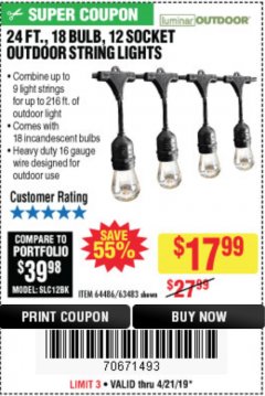 Harbor Freight Coupon 24FT., 18 BULB 12 SOCKET OUTDOOR STRING LIGHTS Lot No. 64486/63483 Expired: 4/21/19 - $17.99