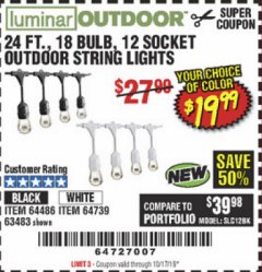 Harbor Freight Coupon 24FT., 18 BULB 12 SOCKET OUTDOOR STRING LIGHTS Lot No. 64486/63483 Expired: 10/17/19 - $19.99