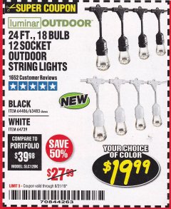 Harbor Freight Coupon 24FT., 18 BULB 12 SOCKET OUTDOOR STRING LIGHTS Lot No. 64486/63483 Expired: 8/31/19 - $19.99