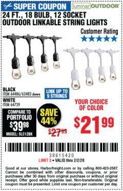 Harbor Freight Coupon 24FT., 18 BULB 12 SOCKET OUTDOOR STRING LIGHTS Lot No. 64486/63483 Expired: 2/2/20 - $21.99