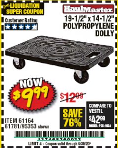 Harbor Freight Coupon 19-1/2" X 14-1/2" POLYPROPYLENE DOLLY Lot No. 61164/61781/95353 Expired: 6/30/20 - $9.99