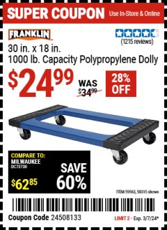 Harbor Freight Coupon 19-1/2" X 14-1/2" POLYPROPYLENE DOLLY Lot No. 61164/61781/95353 Expired: 3/7/24 - $24.99