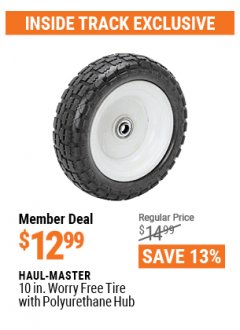 Harbor Freight ITC Coupon 10" WORRY-FREE TIRE WITH POLYURETHANE HUB Lot No. 62639/96691 Expired: 4/29/21 - $12.99