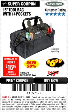 Harbor Freight ITC Coupon VOYAGER 15" WIDE MOUTH TOOL BAG Lot No. 62348/62341/61469 Expired: 1/10/19 - $6.99