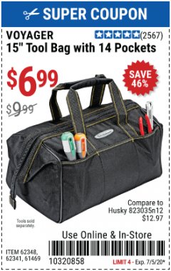 Harbor Freight Coupon VOYAGER 15" WIDE MOUTH TOOL BAG Lot No. 62348/62341/61469 Expired: 7/5/20 - $6.99
