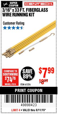 Harbor Freight Coupon CEN-TECH 3/16"X33FT. FIBERGLASS WIRE RUNNING KIT Lot No. 65326 Expired: 8/11/19 - $7.99