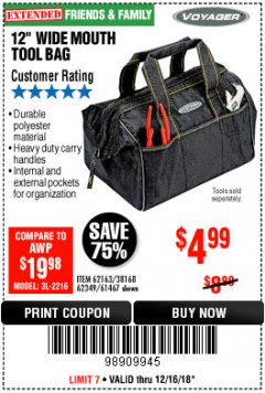 Harbor Freight Coupon VOYAGER 12" WIDE MOUTH TOOL BAG Lot No. 38168/62163/62349/61467 Expired: 12/16/18 - $4.99