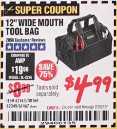 Harbor Freight Coupon VOYAGER 12" WIDE MOUTH TOOL BAG Lot No. 38168/62163/62349/61467 Expired: 2/28/19 - $4.99