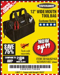 Harbor Freight Coupon VOYAGER 12" WIDE MOUTH TOOL BAG Lot No. 38168/62163/62349/61467 Expired: 2/16/19 - $4.99