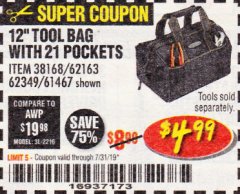 Harbor Freight Coupon VOYAGER 12" WIDE MOUTH TOOL BAG Lot No. 38168/62163/62349/61467 Expired: 7/31/19 - $4.99