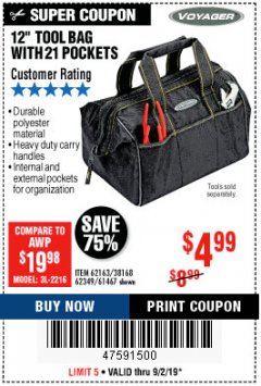 Harbor Freight Coupon VOYAGER 12" WIDE MOUTH TOOL BAG Lot No. 38168/62163/62349/61467 Expired: 9/2/19 - $4.99