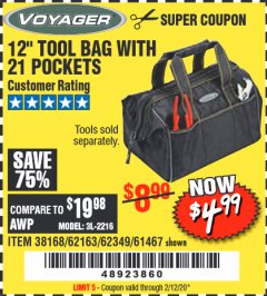 Harbor Freight Coupon VOYAGER 12" WIDE MOUTH TOOL BAG Lot No. 38168/62163/62349/61467 Expired: 2/12/20 - $4.99