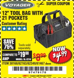 Harbor Freight Coupon VOYAGER 12" WIDE MOUTH TOOL BAG Lot No. 38168/62163/62349/61467 Expired: 2/3/20 - $4.99