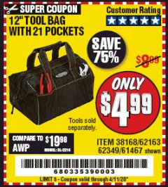 Harbor Freight Coupon VOYAGER 12" WIDE MOUTH TOOL BAG Lot No. 38168/62163/62349/61467 Expired: 6/30/20 - $4.99