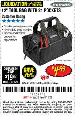 Harbor Freight Coupon VOYAGER 12" WIDE MOUTH TOOL BAG Lot No. 38168/62163/62349/61467 Expired: 3/31/20 - $4.99