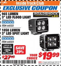 Harbor Freight ITC Coupon ROADSHOCK 965 LUMENS 3" FLOOD LIGHT OR 1050 LUMENS 3" SPOT LIGHT Lot No. 64322/64323 Expired: 10/31/19 - $19.99