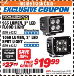 Harbor Freight ITC Coupon ROADSHOCK 965 LUMENS 3" FLOOD LIGHT OR 1050 LUMENS 3" SPOT LIGHT Lot No. 64322/64323 Expired: 1/31/20 - $19.99