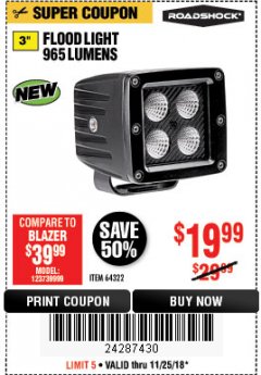 Harbor Freight Coupon ROADSHOCK 965 LUMENS 3" FLOOD LIGHT OR 1050 LUMENS 3" SPOT LIGHT Lot No. 64322/64323 Expired: 11/25/18 - $19.99