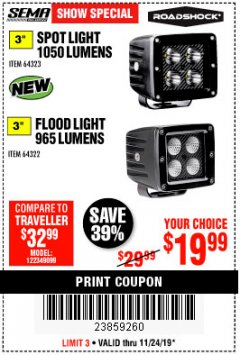 Harbor Freight Coupon ROADSHOCK 965 LUMENS 3" FLOOD LIGHT OR 1050 LUMENS 3" SPOT LIGHT Lot No. 64322/64323 Expired: 11/24/19 - $19.99