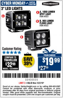 Harbor Freight Coupon ROADSHOCK 965 LUMENS 3" FLOOD LIGHT OR 1050 LUMENS 3" SPOT LIGHT Lot No. 64322/64323 Expired: 12/2/19 - $19.99