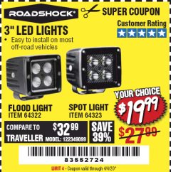 Harbor Freight Coupon ROADSHOCK 965 LUMENS 3" FLOOD LIGHT OR 1050 LUMENS 3" SPOT LIGHT Lot No. 64322/64323 Expired: 6/30/20 - $19.99