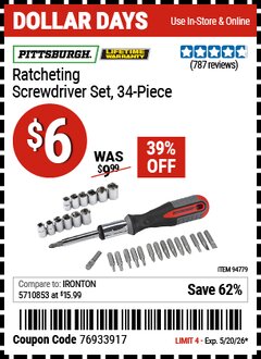 Harbor Freight Coupon PITTSBURGH RATCHETING SCREWDRIVER SET, 34-PIECE Lot No. 94779 Valid Thru: 5/20/26 - $6