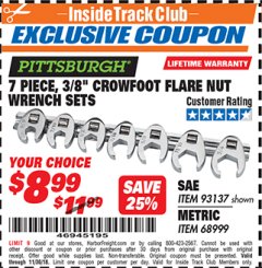 Harbor Freight ITC Coupon 7 PIECE, 3/8" CROWFOOT FLARE NUT WRENCH SETS Lot No. 68999/93137 Expired: 11/30/18 - $8.99