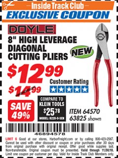 Harbor Freight ITC Coupon DOYLE 8 IN. HIGH-LEVERAGE DIAGONAL CUTTING PLIERS Lot No. 64570 Expired: 11/30/18 - $12.99