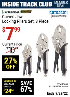Harbor Freight ITC Coupon 3 PIECE CURVED JAW LOCKING PLIERS SET Lot No. 91684/69341/61249/64035/64036 Expired: 9/29/22 - $7.99