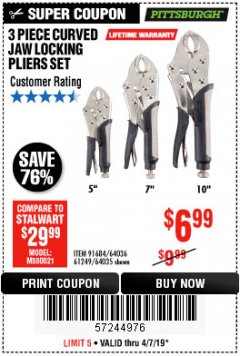 Harbor Freight Coupon 3 PIECE CURVED JAW LOCKING PLIERS SET Lot No. 91684/69341/61249/64035/64036 Expired: 4/7/19 - $6.99