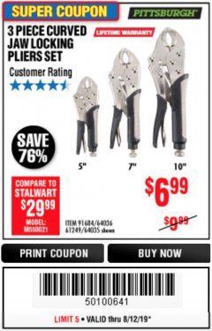 Harbor Freight Coupon 3 PIECE CURVED JAW LOCKING PLIERS SET Lot No. 91684/69341/61249/64035/64036 Expired: 8/12/19 - $6.99