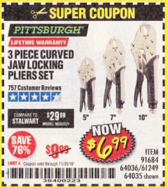Harbor Freight Coupon 3 PIECE CURVED JAW LOCKING PLIERS SET Lot No. 91684/69341/61249/64035/64036 Expired: 11/30/19 - $6.99