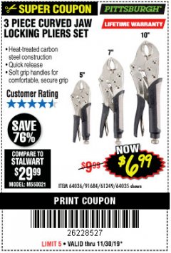 Harbor Freight Coupon 3 PIECE CURVED JAW LOCKING PLIERS SET Lot No. 91684/69341/61249/64035/64036 Expired: 11/30/19 - $6.99
