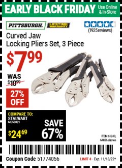 Harbor Freight Coupon 3 PIECE CURVED JAW LOCKING PLIERS SET Lot No. 91684/69341/61249/64035/64036 Expired: 11/13/22 - $7.99