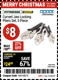 Harbor Freight Coupon 3 PIECE CURVED JAW LOCKING PLIERS SET Lot No. 91684/69341/61249/64035/64036 Expired: 12/26/22 - $8