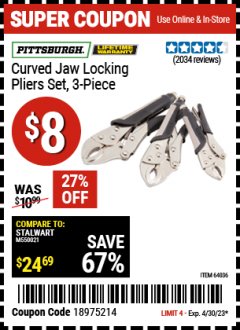 Harbor Freight Coupon 3 PIECE CURVED JAW LOCKING PLIERS SET Lot No. 91684/69341/61249/64035/64036 Expired: 4/30/23 - $8