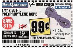 Harbor Freight Coupon 1/4" X 50 FT. POLY ROPE Lot No. 90760/62450/62816 Expired: 10/17/18 - $0.99
