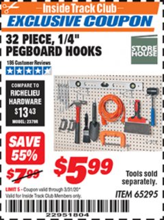 Harbor Freight ITC Coupon 32 PIECE, 1/4" PEGBOARD HOOKS Lot No. 65295 Expired: 3/31/20 - $5.99
