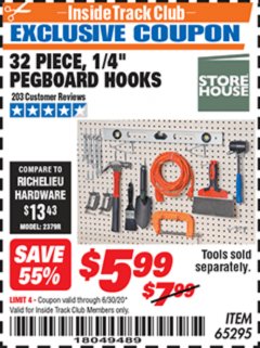 Harbor Freight ITC Coupon 32 PIECE, 1/4" PEGBOARD HOOKS Lot No. 65295 Expired: 6/30/20 - $5.99