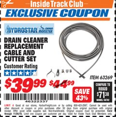 Harbor Freight ITC Coupon DRAIN CLEANER REPLACEMENT CABLE AND CUTTER SET Lot No. 63269 Expired: 11/30/18 - $39.99