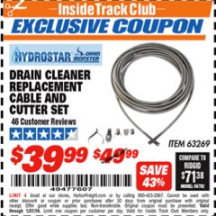 Harbor Freight ITC Coupon DRAIN CLEANER REPLACEMENT CABLE AND CUTTER SET Lot No. 63269 Expired: 1/31/19 - $39.99