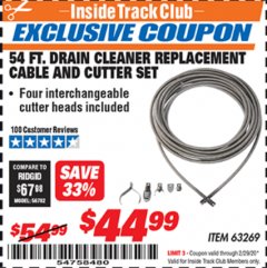 Harbor Freight ITC Coupon DRAIN CLEANER REPLACEMENT CABLE AND CUTTER SET Lot No. 63269 Expired: 2/29/20 - $44.99
