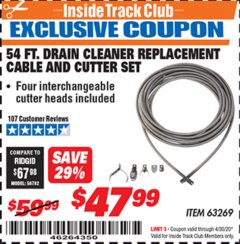 Harbor Freight ITC Coupon DRAIN CLEANER REPLACEMENT CABLE AND CUTTER SET Lot No. 63269 Expired: 4/30/20 - $47.99