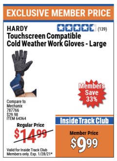 Harbor Freight ITC Coupon HARDY COLD WEATHER WORK GLOVES LARGE Lot No. 64365/64364 Expired: 1/28/21 - $9.99