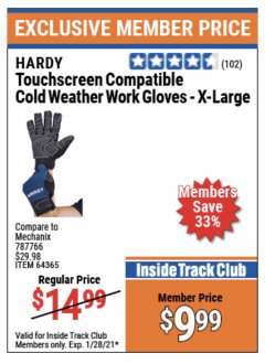 Harbor Freight ITC Coupon HARDY COLD WEATHER WORK GLOVES LARGE Lot No. 64365/64364 Expired: 1/28/21 - $9.99